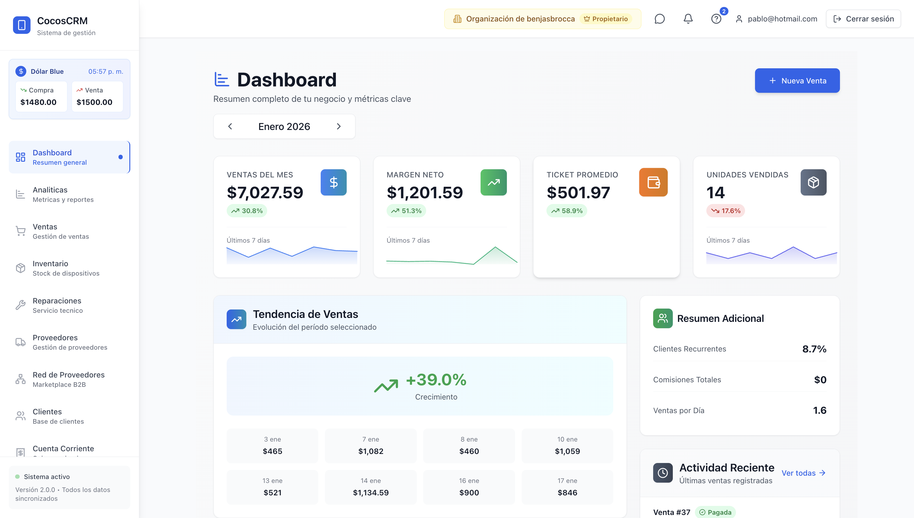 CocosCRM Dashboard - Sistema de gestion para tiendas de celulares